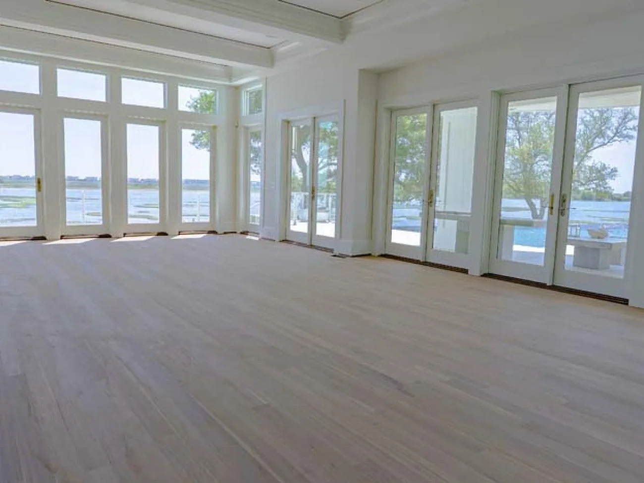 Living room with a wall of windows facing the water